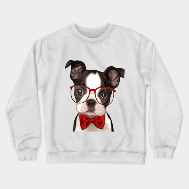 Boxer Puppy wearing Red Glasses and Bow Tie Crewneck Sweatshirt by tfortwo